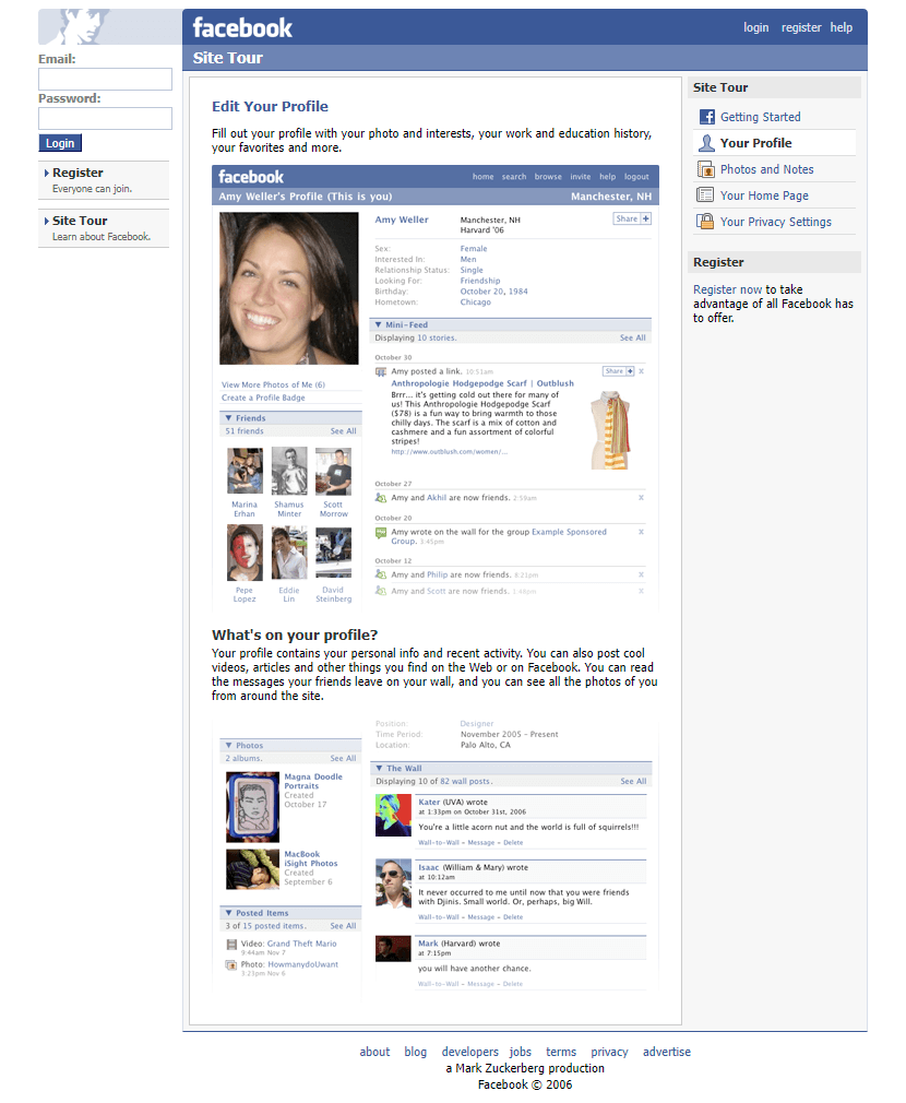 Screenshot of Facebook in 2006. At that time the site was already a very standardized people&rsquo;s book, instead of a platform for creative expression