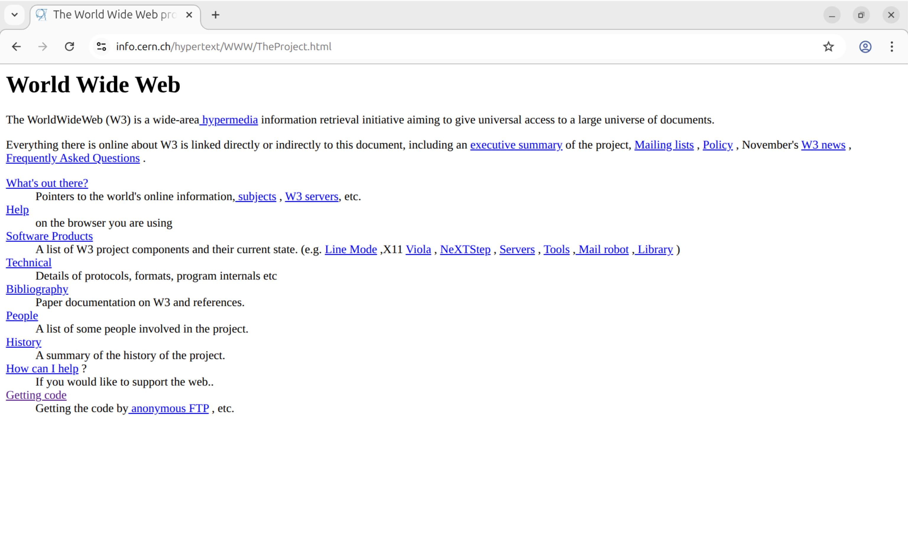 Screenshot of the first website ever made, still online.The blue links and serif font became the web&rsquo;s default and iconic styling.