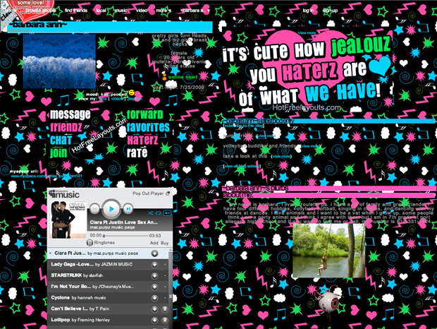 Myspace offered the ability to fully customise the lay-out, cursor, colors and fonts of one&rsquo;s page. My templates libraries and tutorials were created, allowing a radical and diverse aesthetic to thrive.